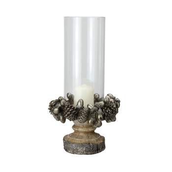Raz Imports 11" Rustic Acorn and Pinecone Tree Pillar Candle Holder with Glass Case