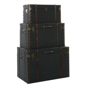 Set of 3 Traditional Wood Trunks Blue - Olivia & May: Upholstered, Linen, Leather, Brass Finishes, No Assembly Required - 1 of 4