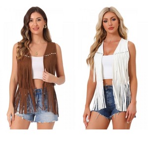 INSPIRE CHIC Women's 70s Western Open Front Faux Suede Fringe Vest 2 Packs - 1 of 4