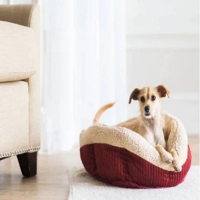 Small Cream and Red Orthopedic Lambs Wool Pet Bed