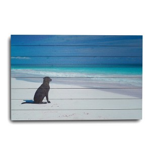 24" x 36" Dog on Beach Print on Planked Wood Wall Sign Panel Blue - Gallery 57: Modern Oceanic Home Decor - 1 of 4