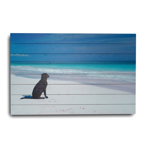 24" x 36" Dog on Beach Print on Planked Wood Wall Sign Panel Blue - Gallery 57: Modern Oceanic Home Decor - image 1 of 4