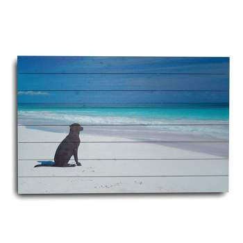 24" x 36" Dog on Beach Print on Planked Wood Wall Sign Panel Blue - Gallery 57
