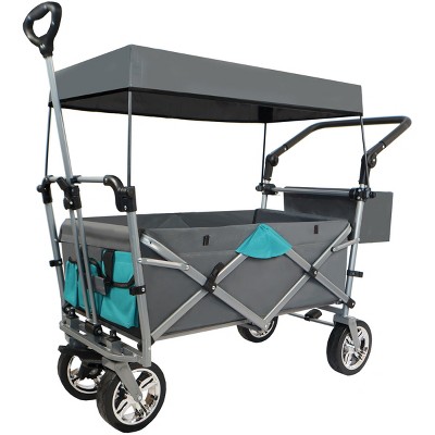 YONWAY Kids Wagon Cart with Removable Canopy, Heavy-Duty Foldable Beach Wagon for Kids, Pets, and All Terrains, 360°Swivel Wheels,Supports 150 LBS.