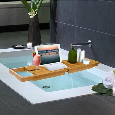 Extendable Natural Bamboo Bathtub Caddy Tray with Wine Holder