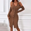 Womens Slim Fit Button Front Sweater Dress Ribbed Knit Long Sleeve Fall Dresses Split V-Neck Cold Shoulder Bodycon Dress Brown XL - 2 of 4