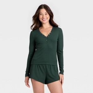 Women's Ribbed Long Sleeve Shirt and Shorts Pajama Set - Auden™ - 1 of 3
