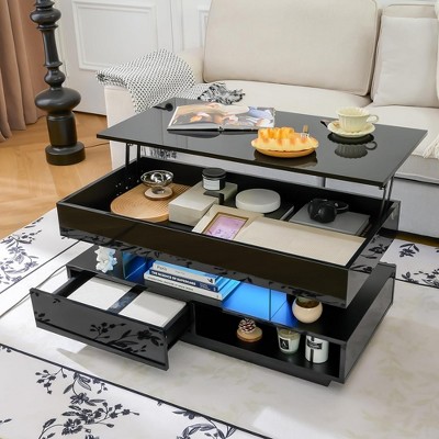 QingMoon Lift Top Coffee Table, High Gloss Center Table with Hidden Compartment, 2 Storage Drawers and Adjustable LED Lights for Living Room