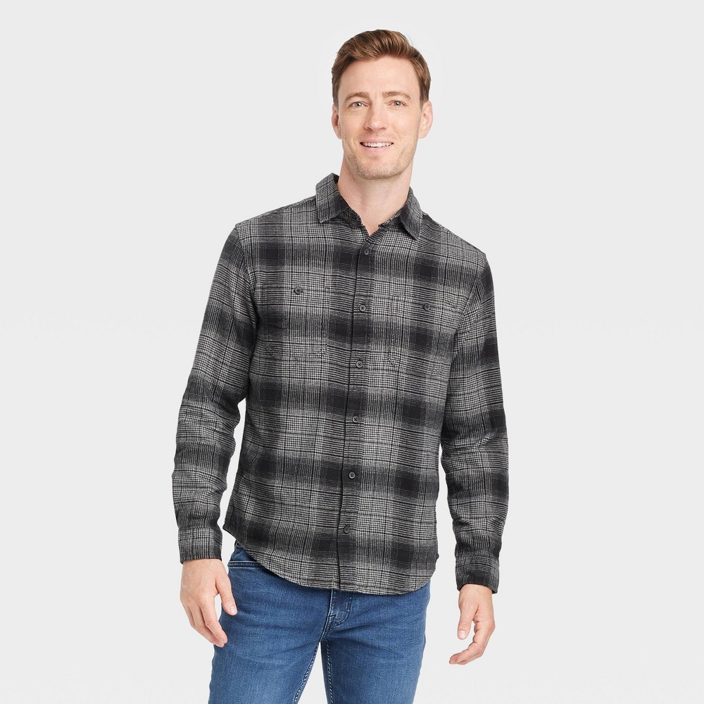 Men's Mid-Weight Flannel Long Sleeve Button-Down Shirt - Goodfellow & Co™ Midnight Black L