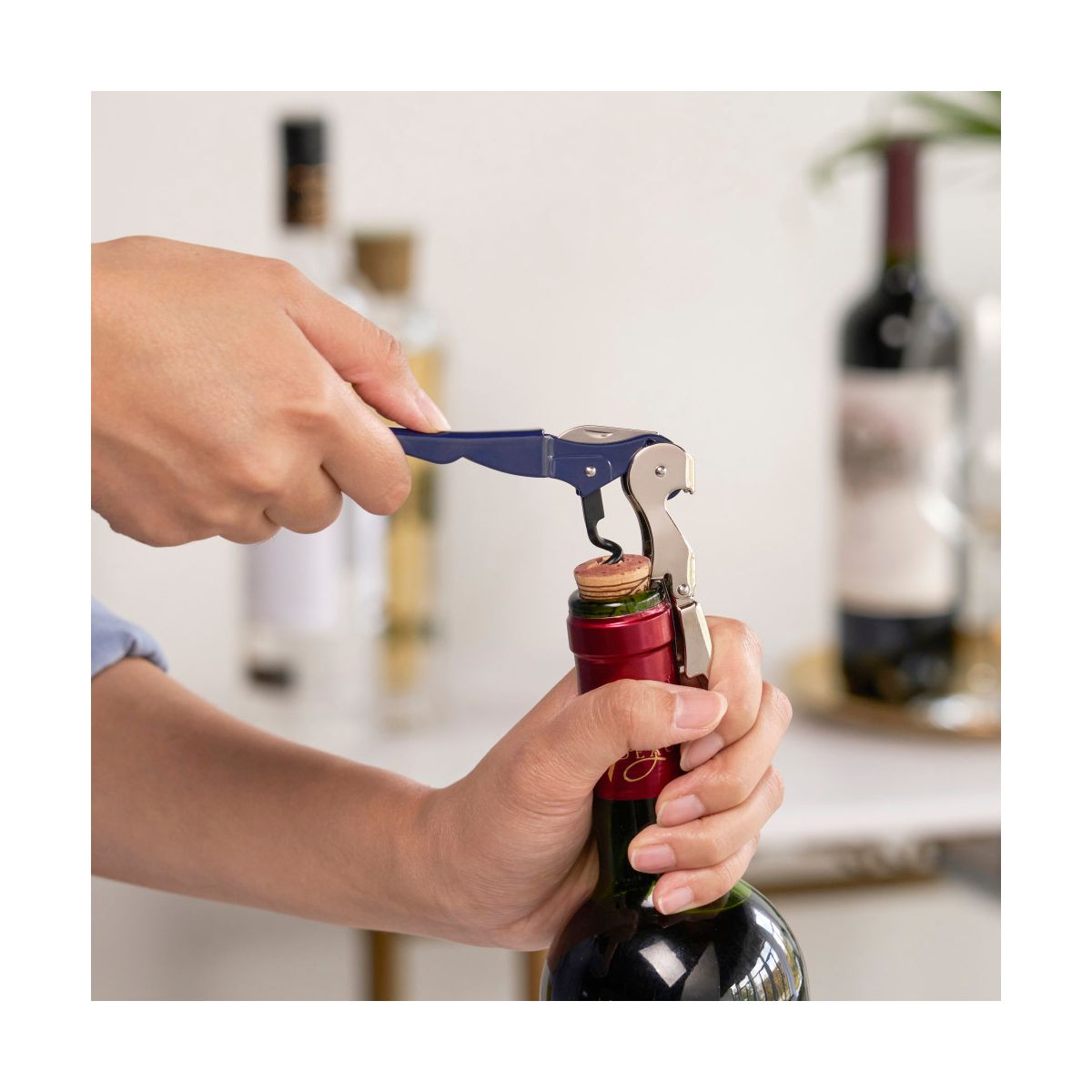True Truetap Double Hinged Corkscrew Wine Opener, Stainless Steel Wine Key, Built-in Bottle Opener & Foil Cutter, Home Bar, Wedding Gifts, Navy Blue - thumbnail 6