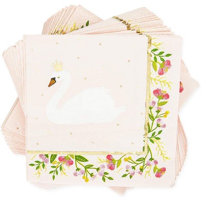 Sparkle and Bash 50-Pack Princess Swan Cocktail Disposable Napkins, Pink Floral Paper Beverage Napkin, 5"