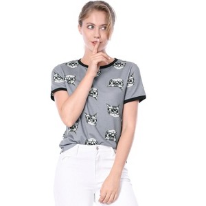 Allegra K Women's Cat Contrast Cartoon Print Tee Casual Summer T-Shirt - 1 of 4