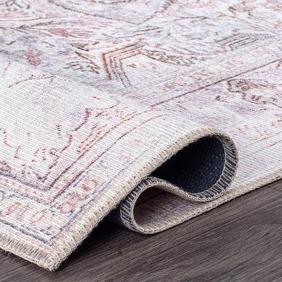 Vintage Cream and Red Synthetic Medallion Washable 5' x 7' Rug