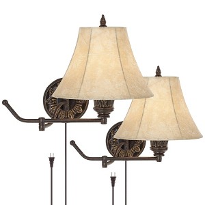 Barnes and Ivy Rosslyn Rustic Swing Arm Wall Lamps Set of 2 Bronze Plug-in Light Fixture Faux Leather Shade for Bedroom Bedside Living Room Reading - 1 of 4