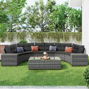 8-pieces Outdoor Wicker Round Sectional Curved Sofa Set with Rectangular Coffee Table - 1 of 4