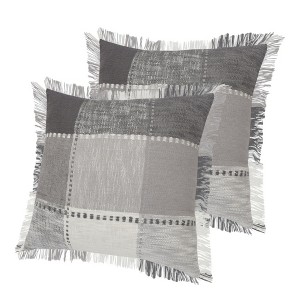 HomeRoots Set of Two 20" Gray And Off White Plaid Cotton Blend Throw Pillows with Fringe - 1 of 4