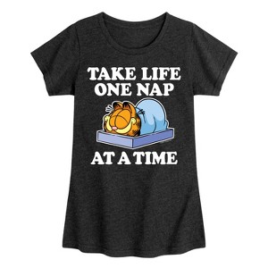 Girls' - Garfield - Take Life One Nap Fitted Short Sleeve Graphic T-Shirt - 1 of 4