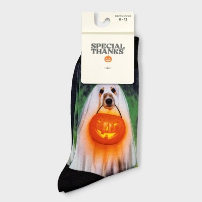 Men's Special Thanks Halloween Ghost Dog Crew Socks - 6-12