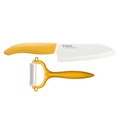 Kyocera Ceramic 2 Piece Santoku Knife and Peeler Set with Yellow Handles