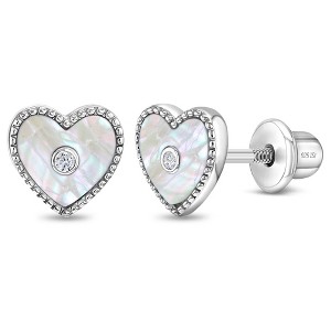 Girls' Simulated Mother of Pearl CZ Heart Screw Back Sterling Silver Earrings - In Season Jewelry - 1 of 4