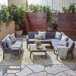 GDFStudio Bernice 7 Piece Outdoor Acacia Wood Sectional Sofa Set with Loveseat and Coffee Table - 1 of 4