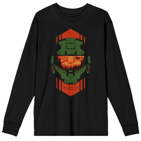 Halo Infinite Master Chief Head Armor Crew Neck Long Sleeve Men's Black Tee - image 1 of 3