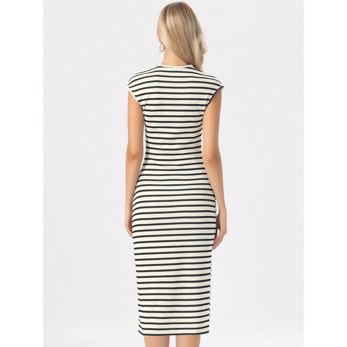 Женские платья INSPIRE CHIC Women's Striped Crew Neck Cap Sleeve Knit Bodycon Midi Dresses Medium Apricot Black — фото 3