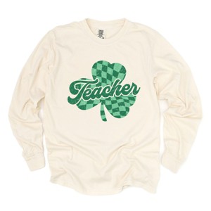 Simply Sage Market Teacher Checkered Shamrock Garment Dyed Long Sleeve - 1 of 4