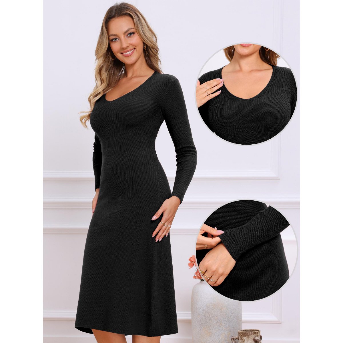 Женские платья INSPIRE CHIC Women's V Neck Long Sleeve Ribbed Knit Midi Sweater Dresses Small Black — фото 2