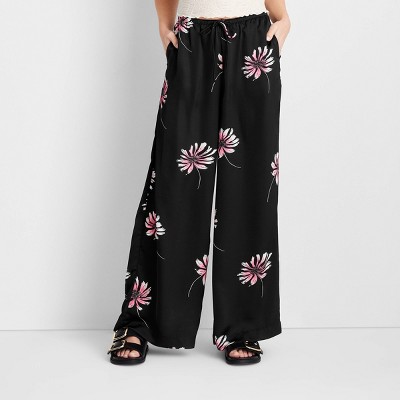 Women's Mid-Rise Wide Leg Satin Drawstring Pull-On Pants - Future Collective Black Floral M