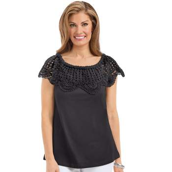 Collections Etc On-Off Shoulder Scalloped Crochet Short Sleeve Top