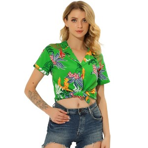 Allegra K Women's Hawaiian Floral Leaves Printed Short Sleeve Button Down Vintage Shirt - 1 of 4