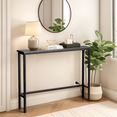 KTMBDW 39.4" Narrow Console Sofa Table with Power Outlets and USB Ports, Skinny Entryway Table with Metal Frame for Hallway, Bedroom, Living Room