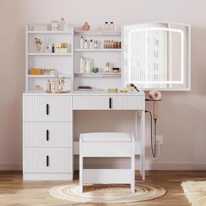 White 4 Drawers Vanity Table Set Lighted Sliding Mirror Makeup Desk with Stool - 1 of 4