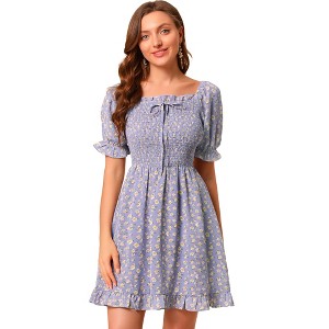 Allegra K Women's Square Neck Puff Sleeve Smocked Floral Ruffled Hem Dress - 1 of 4