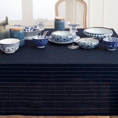 Natural and White Pinstripe Linen Rectangular Tablecloth 60 x 90 Inch