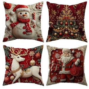 Lomsoe 4pcs Festive Christmas Cushion Covers - Snowman with Candy Cane, Reindeer with Holly, Holiday Season Patterned Pillowcases - 1 of 4