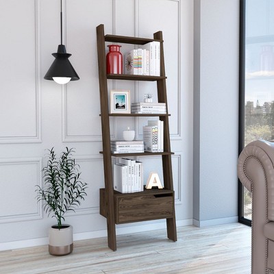 TOAOTBNBO Leaning-Ladder Bookcase Storage Organizer with 4 Shelf, Tall Slim Bookshelves with 1 Drawer Standing Book Shlef for Small Apartment, Brown