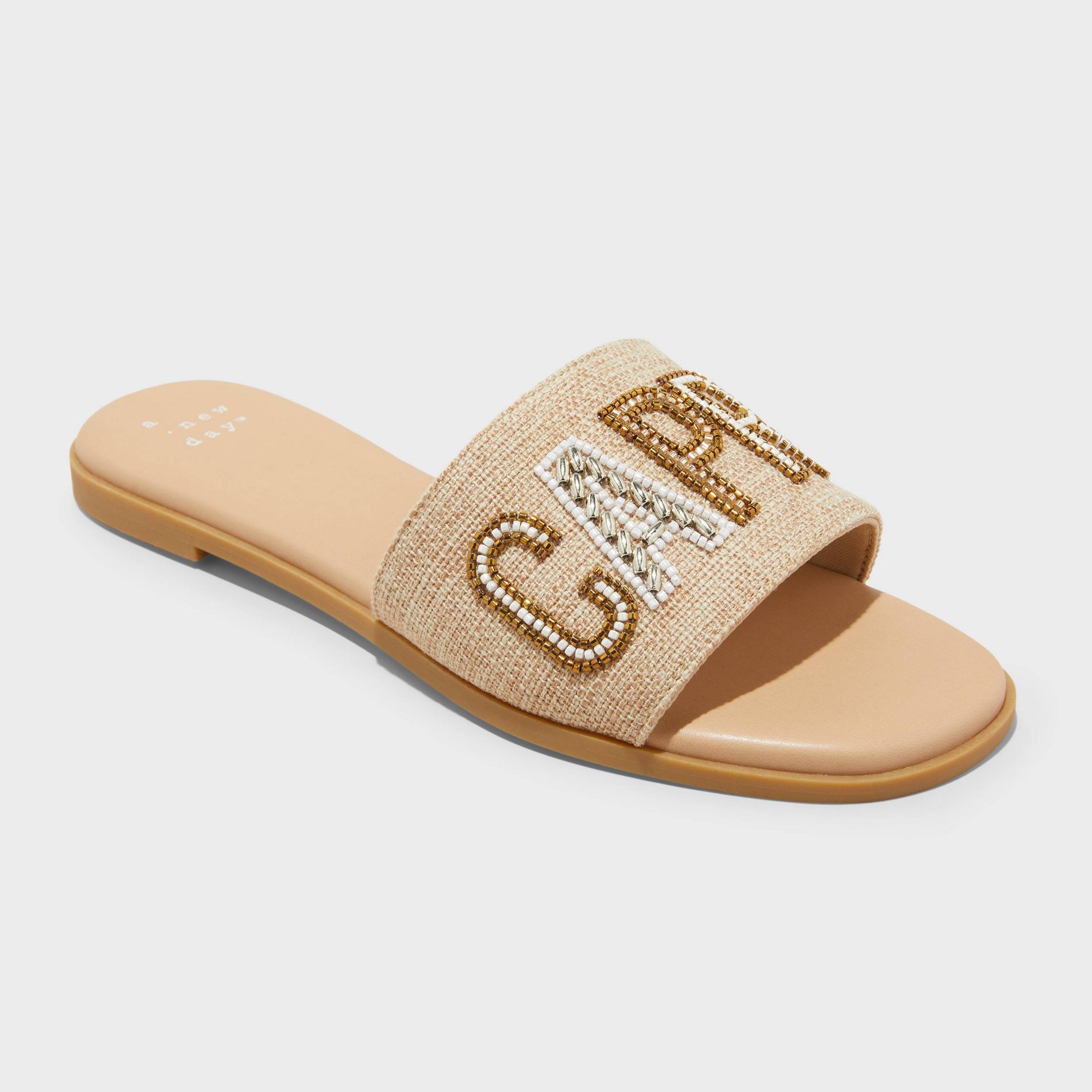 Women's Nehemia Beaded Canvas Slide Sandals - A New Day™ Tan 8.5: Open Toe, Block Heel, Textured Sole