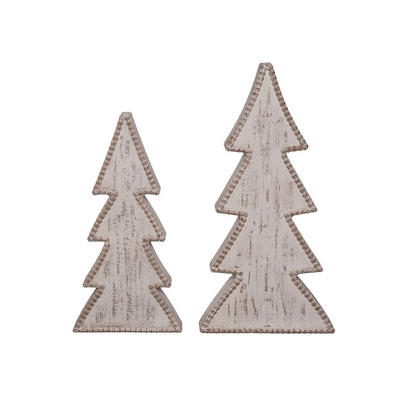 Transpac Wood 19 in. Off-White Christmas Beaded Edge Tree Set of 2, 1 of 4