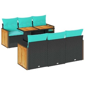 vidaXL Patio Sofa Set with Cushions Outdoor Seating 7 Piece Poly Rattan Acacia - Black - 1 of 4