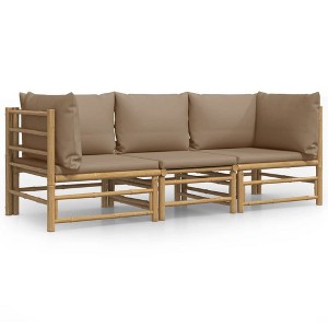 vidaXL 3 Piece Patio Lounge Furniture Set/Sectional Bamboo Sofa/Taupe Cushions/Outdoor Garden Deck - 1 of 4