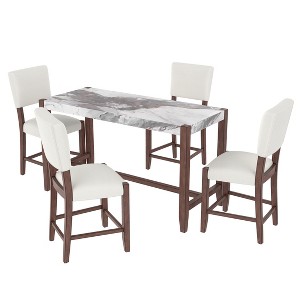Gulches 5-Piece Counter Height Dining Set for 4 - Faux Marble Table, 4 Upholstered Chairs, Solid Rubber Wood Legs, Mid-Century Modern Style - 1 of 4