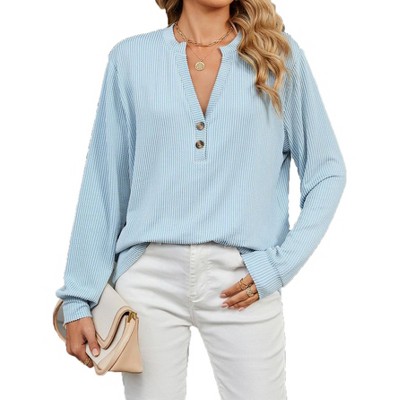 Women's V Neck Buttoned Long Sleeve Casual T-Shirt Soft Knit Fabric Blouse Tops