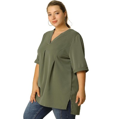 Agnes Orinda Women's Plus Size Casual Solid V Neck 1/2 Sleeves Pleated Blouses