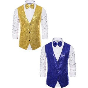 Lars Amadeus Men's Shiny Sequin Sleeveless Suit Vest Set with Bow Tie 2 Packs - 1 of 4