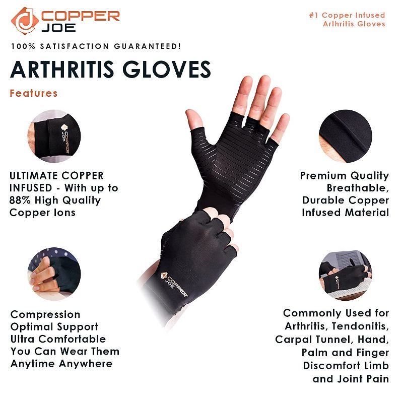 Copper Joe Arthritis Half Finger Gloves - for Gaming, Wrist Support Brace, Carpal Tunnel, Rheumatoid and Tendonitis for Men & Women 1 Pair, 3 of 7