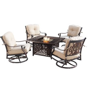 5pc Set with 42" Square Outdoor Aluminum Fire Table & Four Swivel Rocking Chairs & Wind Block - Oakland Living - 1 of 4