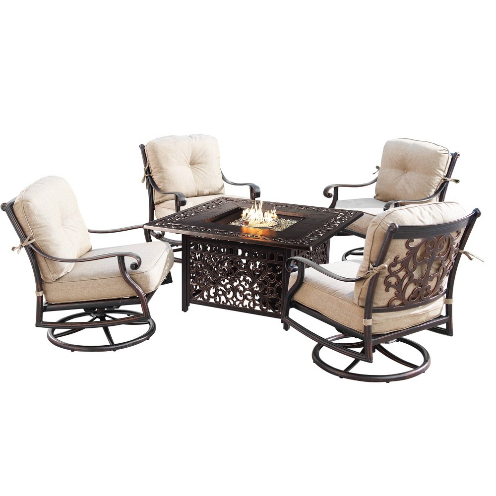 Photos - Garden Furniture 5pc Set with 42" Square Outdoor Aluminum Fire Table & Four Swivel Rocking