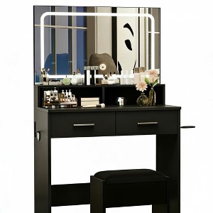 Makeup Vanity Set, Small Dressing Table with 2 Drawers & Stool, 32"x16"x54" Modern Bedroom Furniture - 1 of 4